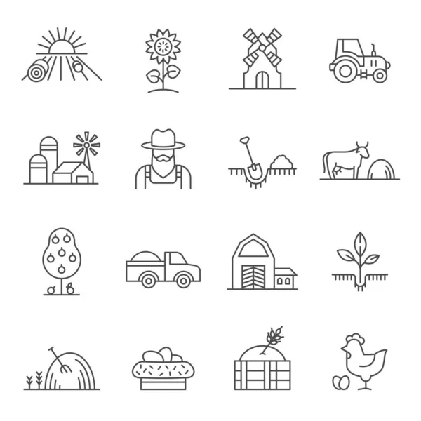 Ícone de linha de fazenda, trator, agricultor, campos e palha. Paisagem agrícola com produtos naturais, moinho, vaca e frango. Conjunto de vetor logotipo rural — Vetor de Stock