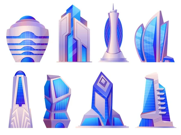 Futuros edificios urbanos y extranjeros, rascacielos y torres de oficinas. Arquitectura futurista cyberpunk, conjunto de vectores de rascacielos megalópolis — Vector de stock