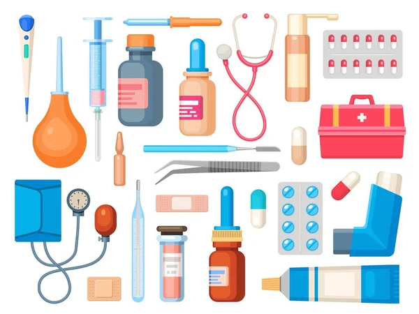 Trousse de premiers soins plate avec seringue, thermomètre, médicaments et stéthoscope. Médicaments, flacons et inhalateurs. Ensemble de vecteurs de boîte d'urgence médicale — Image vectorielle