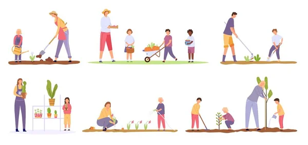 Adulți de desene animate și copii care plantează copaci și lucrează la fermă. Familia crește plante și flori în grădină. Oamenii recoltează legume set vectorial — Vector de stoc