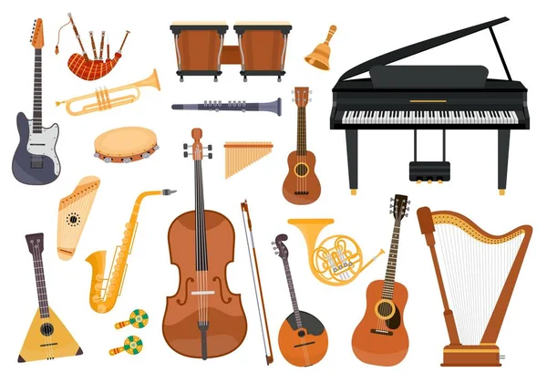 Kreskówkowe instrumenty muzyki klasycznej, fortepian, puzon i harfa. Wyposażenie orkiestry ludowej, tamburyn, rury, ukulele i zestaw wektorów gitary — Wektor stockowy
