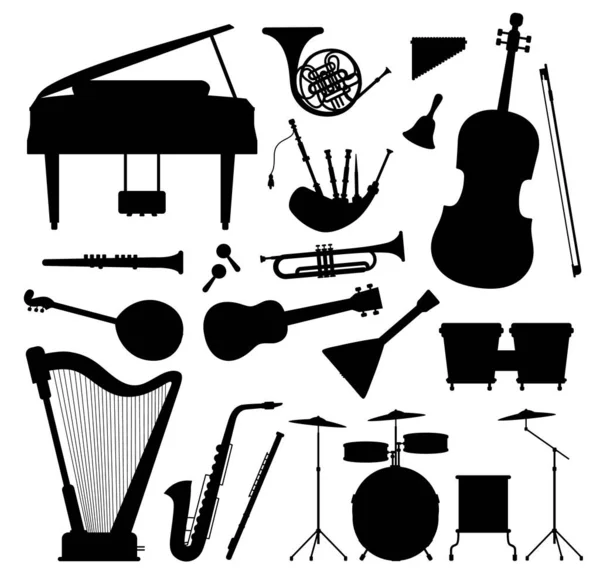 Silhouetten von Klassik-Orchestern, Jazz und Folk-Instrumenten. Klavier, Gitarre, Horn, Cello und Saxophon. Musikalisches schwarzes Icon-Vektorset — Stockvektor