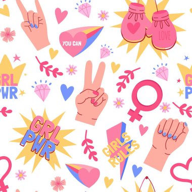 Kadın eli, yumruğu ve grl pwr sloganlarıyla feminist, kusursuz desen. Kadınlar topluluğunun gücü, motivasyon sembolleri vektör baskısı