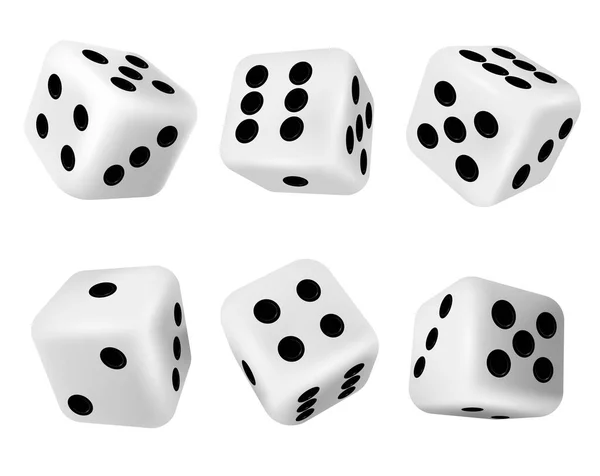 Realista 3d tirando dados para juegos de casino de juego. Cubos blancos con puntos. La caída de póquer morir por elección aleatoria en los dados. Juego de vectores dados — Vector de stock