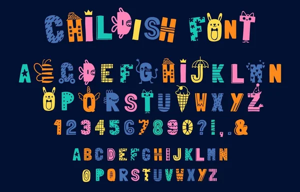Alfabeto infantil divertido, doodle fuente creativa para niños. Lúdico inglés abc letras y números. Tipografía en conjunto vectorial de estilo escandinavo — Vector de stock