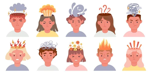 Conceptos negativos de pensamiento, depresión y ansiedad con hombres y mujeres tristes. Personas con mal humor, nubes, lluvia, rayos y fuego vector conjunto — Archivo Imágenes Vectoriales