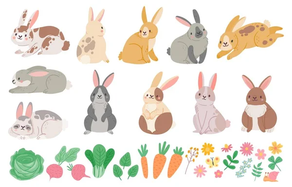 Kreskówkowe słodkie wiosenne króliki, zające, kwiaty i warzywa. Bunny postać skacze, siedzi i śpi. Zestaw wektorów królika brązowego i białego — Wektor stockowy