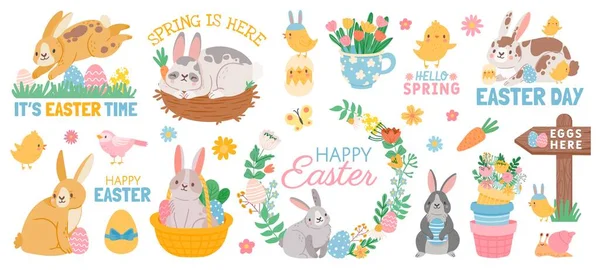 Primavera Pascua animales lindos personajes y elementos de jardín. Conejo de Pascua de dibujos animados con huevos en cesta, flores, pollos y aves vector conjunto — Vector de stock