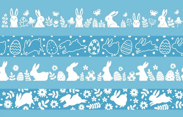 A silhueta de Páscoa faz fronteira com coelho, ovos e flores. Ornamento de prado de primavera para decoração de Páscoa tradicional. Conjunto de padrões vetoriais de coelho —  Vetores de Stock