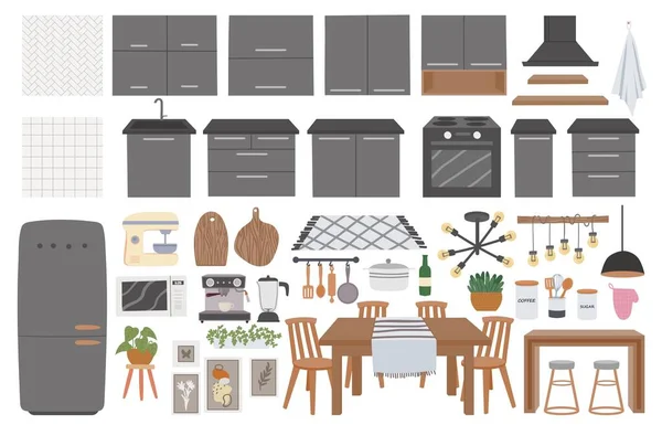 Knus keukenmeubilair, keukengerei, decoratie en kooktoestellen. Hygge kookkamer interieur elementen, tafel en keukenkastvector set — Stockvector
