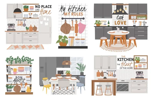 Posters with cozy kitchen room interiors and cook quotes. Kitchens furniture, cabinets, dining table and utensils. Hygge cooking vector set — Stock Vector