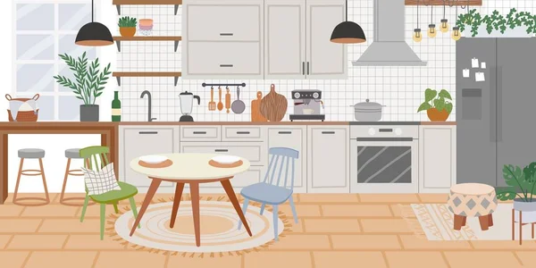 北欧のキッチンインテリア、調理キャビネットやダイニングテーブル。家具や冷蔵庫付きの家庭料理の部屋。居心地の良いキッチンベクトルの背景 — ストックベクタ