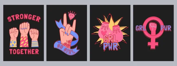 Girl Power T-Shirt Prints mit Fäusten und feministischen Slogans. Modebekleidung entwirft weibliche Zitate. Feminismus, Frauenrechte — Stockvektor
