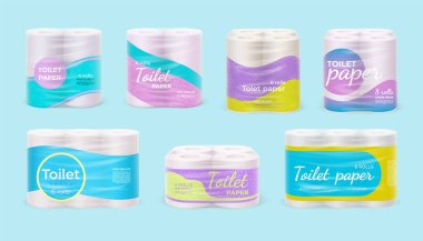 Gerçekçi tuvalet kağıdı rulo tasarım şablonları. Yumuşak doku ruloları için plastik ambalaj. Hijyen ürünü taşıyıcı paketi düzenleme vektörü seti