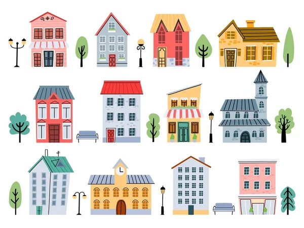 Cartoon town street buildings, houses, shops, trees and flashlight for kids. Cute urban architecture elements. Childish city home vector set — Stock vektor