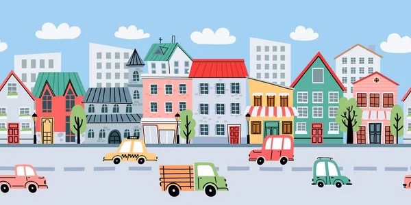 Cartoon stadslandschap met gebouwen en auto 's naadloze achtergrond. Straat met appartementen en wegverkeer voor kinderen. Leuke stadsvector lijn — Stockvector