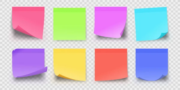 Realistisch kantoor plakkerig papier herinnering notities in kleuren. Zelfklevende vierkante memo pagina 's voor belangrijke berichten. Sticker post notepad vector set — Stockvector