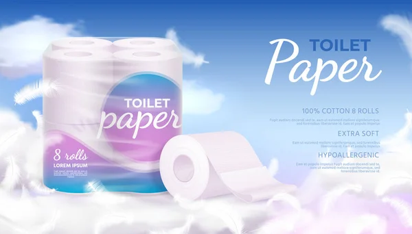Рекламный баннер с реалистичной мягкой туалетной бумагой, облаками и перьями. Гигиенические одноразовые салфетки в пластиковой векторной концепции упаковки — стоковый вектор