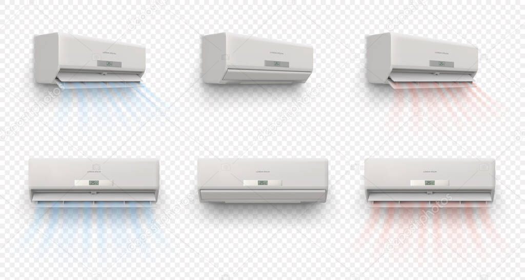 Closed and open air conditioner, flow cold and heat wind. Temperature and climate control system. Realistic ac with breeze waves vector set