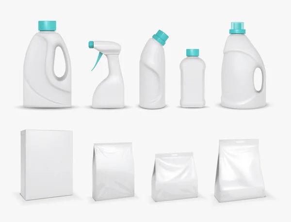 Realistic , bleach, softener in bottle. Washing powder, fabric cleaner product mockup vector set — Vetor de Stock