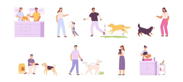 People taking care of dogs, feed, walk, hug and groom. Dog owner life. Veterinarian. Shelter volunteer with street dog. Puppy pet vector set — Stockvektor
