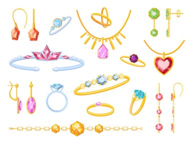 Jewel accessory items, golden earrings, rings, bracelet and pendant. Cartoon jewelry with gem stones and crystals. Accessorize vector set