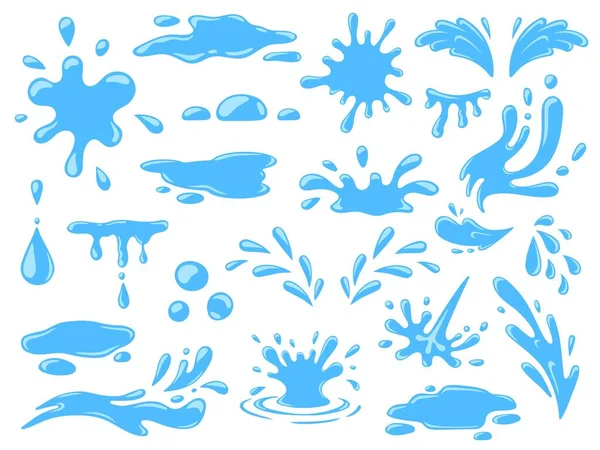 Cartoon water splashes, falling rain drops, waves and spill. Fresh aqua stream, puddles and splats. Nature blue liquid form icons vector set —  Vetores de Stock