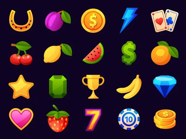 Casino slot machine icons, gambling game symbols. Cartoon elements for mobile casino app. Cherry, coins, prize trophy and cards vector set —  Vetores de Stock