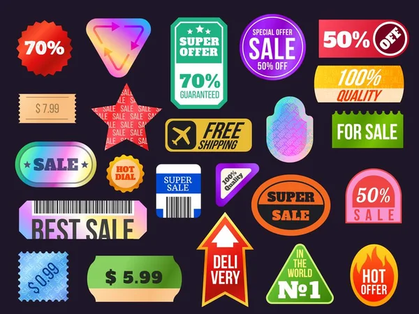 Trendy 90s holographic sticker sale labels and tags shapes. Retro discount, price and quality product shiny stickers with percent vector set — Vetor de Stock