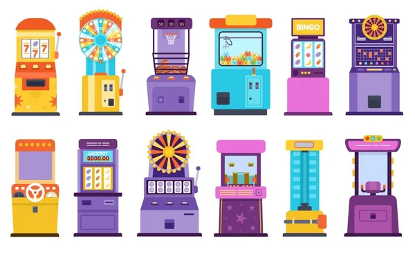 Cartoon casino gambling slot machines and fortune wheels. Racing arcade game, high striker and toy claw. Jackpot winning machine vector set — Stockvector