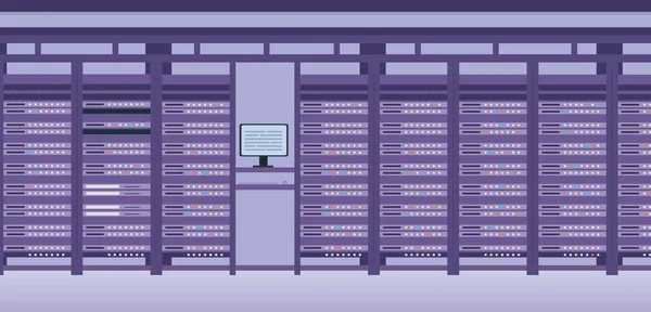 Hosting data center and server system room interior. Flat hardware technology equipment group. Web database physical storage vector scene — Stockový vektor