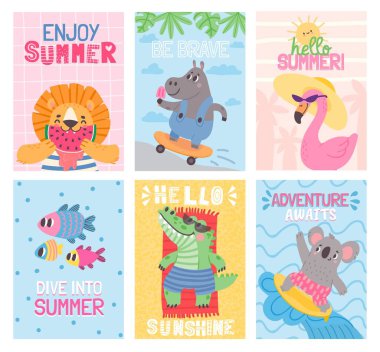 Plaj tatilindeki çizgi film hayvanlarıyla dolu yaz kartlarına merhaba. Şirin flamingo. Karpuz yemek, güneş banyosu ve sörf, eğlenceli poster seti
