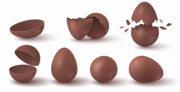 Realistiche uova di cioccolato pasquali rotte, incrinate ed esplose. Mezza palla di cioccolato. Apri l'uovo dolce a sorpresa. Set vettore dolciario al cacao scuro — Vettoriale Stock