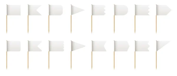 Cepillo de dientes de madera con formas de bandera de papel blanco para alimentos. Palitos de palillo realistas para la decoración del almuerzo. 3d pequeñas banderas vector conjunto — Vector de stock