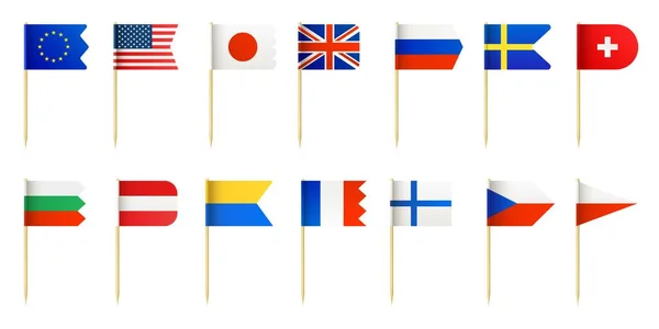 Cure-dents en bois réaliste avec petits drapeaux de pays pour la décoration alimentaire. Ensemble vectoriel de drapeaux 3D miniatures des États-Unis, de la France, du Japon, de la Suède et de l'Angleterre — Image vectorielle