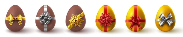 Realistische gouden en chocolade paaseieren geschenken met lint strikken. Voorjaarsvakantie verrassing eieren presenteert. Gelukkige paasdag jacht vector set — Stockvector