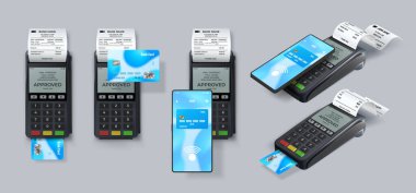 Po terminali, kredi kartı ve telefonu olan gerçekçi bir nakit ödeme. Basılı fatura vektörü seti olan banka işlem elektronik ödeme makinesi