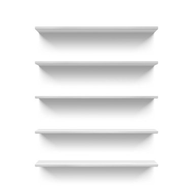 Gerçekçi boş beyaz mağaza ya da kitap rafları. 3D perakende duvar raf ön görünümü. Süpermarket rafları vektör maketi.