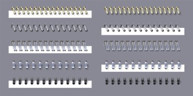 Not defteri ya da takvim için gerçekçi metal spiral ve yüzük klasörleri. 3D siyah, çelik ve altın yay veya tel bobini kağıt sayfa vektörünü bağlar