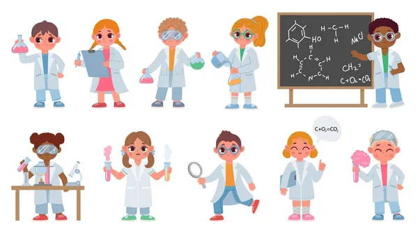 Los niños de dibujos animados con túnicas hacen experimentos químicos, niños científicos. Los estudiantes biológicos hacen pruebas de laboratorio. Kid ciencia educación vector conjunto — Vector de stock