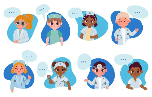 Personaggi medici per bambini con bolla vocale, informazioni mediche sulla salute. Bambini dei cartoni animati infermiere, dentista, medico parlano di set vettoriale sanitario — Vettoriale Stock