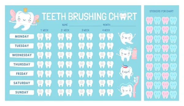 Calendario gráfico de cepillado de dientes para niños con personaje de dibujos animados. Lindo hada de los dientes, cepillo y pasta. Infografía vectorial de cuidado dental infantil — Vector de stock