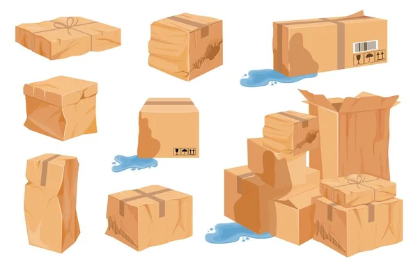 Dibujos animados dañado, desgarrado y húmedo cajas de cartón y pilas. Paquete y paquetes de cartón de carga triturado arrugado. Malo vector de envío conjunto — Vector de stock