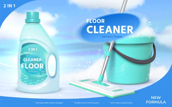 Cartaz de produto de limpeza de piso com esfregão realista e balde com espuma. Garrafa de limpeza de superfície com bolhas, design de vetor ad detergente piso — Vetor de Stock