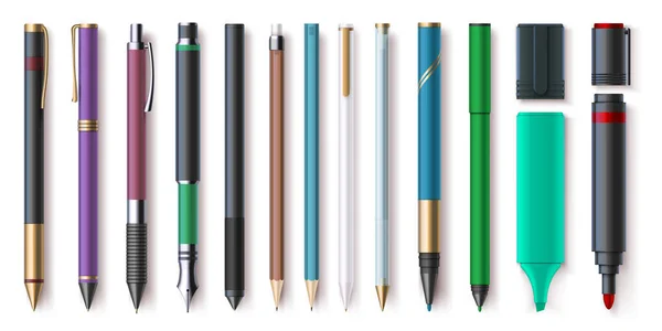 Escritório realista escrever suprimentos, lápis, canetas e marcadores. Destaque, lápis de grafite com borracha. Conjunto de vetores de ferramentas de papelaria escolar —  Vetores de Stock