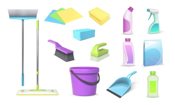 Realistas herramientas de limpieza para el hogar 3d, escobas, fregona y cubo. Limpieza del hogar y lavado de platos productos químicos, trapos y esponjas vector conjunto — Vector de stock