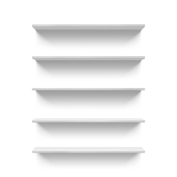 Realistic empty white store or shop shelves for books. 3D retail wall shelf display front view. Supermarket storage racks vector mock up.