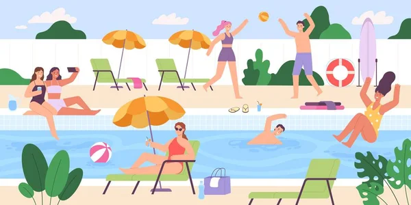 Flat mensen bij het buitenzwembad zomerfeest. Mannen en vrouwen spelen, zonnebaden en hebben plezier. Vakantie activiteit event vector scene — Stockvector