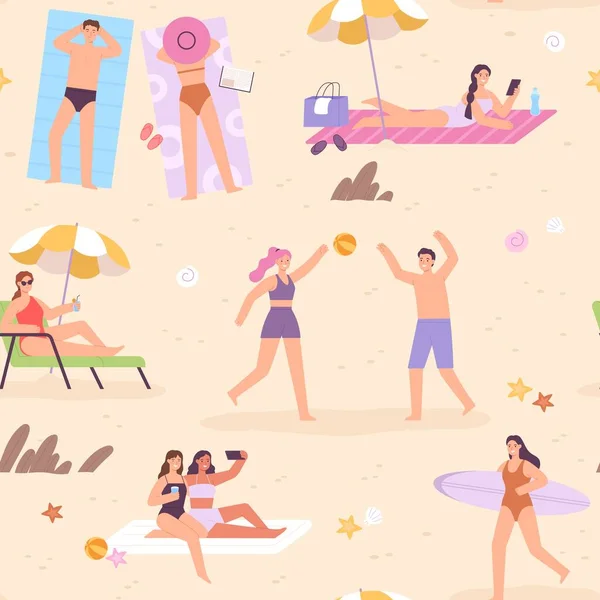 Düz insanlar yaz tatilinde plajda kusursuz kalıyorlar. Kadın sörfçü, dinlenin, güneşlenin, oynayın ve selfie vektör baskısı yapın. — Stok Vektör