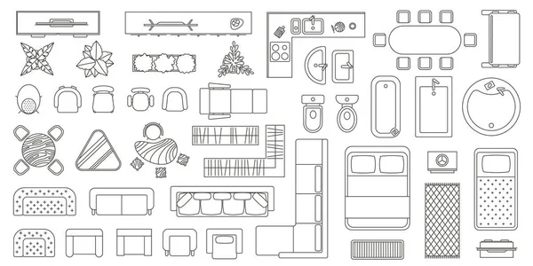 Evin zemininde mobilyaların üst görünüm simgeleri var. Dairenin iç mimari haritası. Masa, koltuklar, kanepe, banyo ve tuvalet vektörü seti